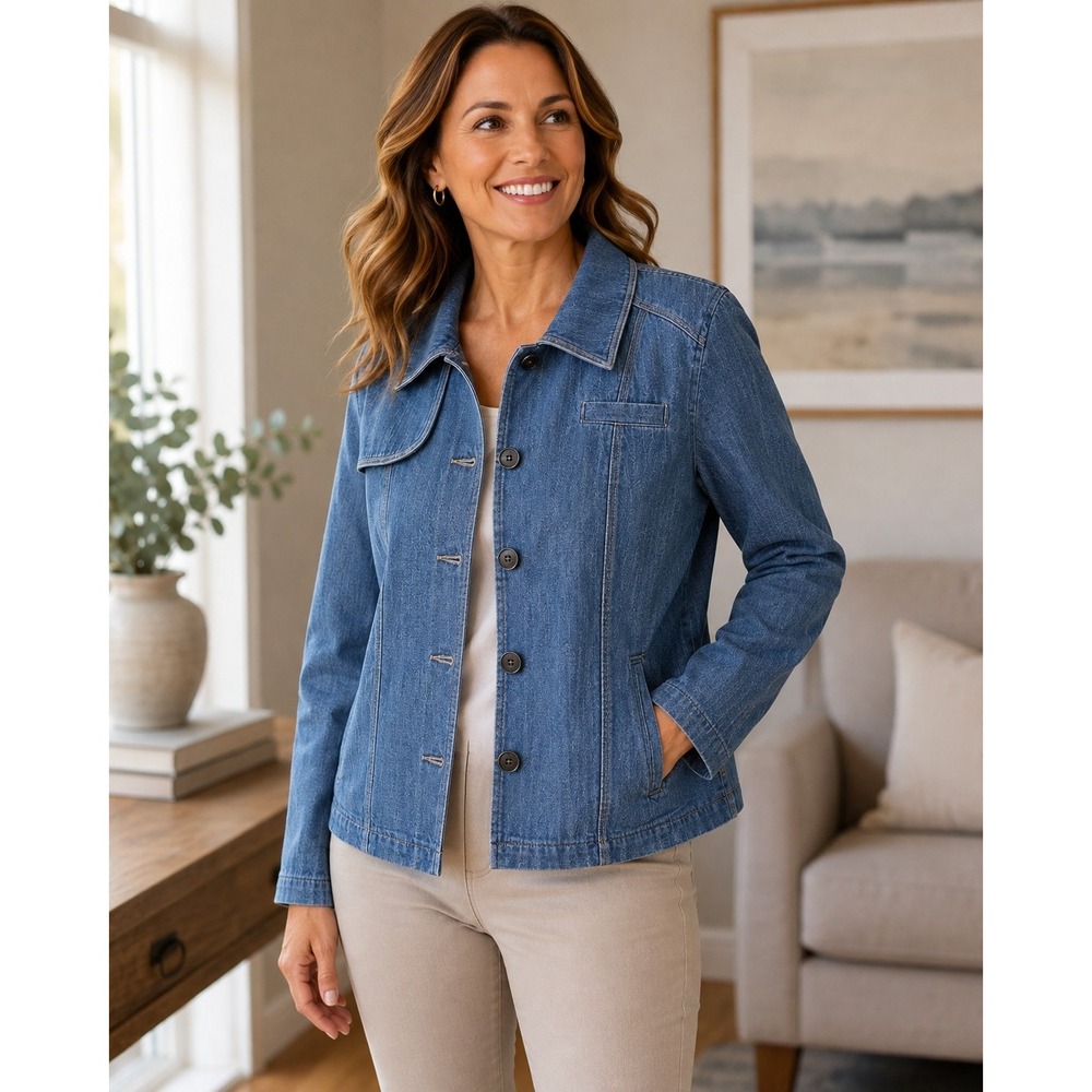 Bamboo Traders Women Large Chambray Jacket Button Front Cotton Layer Utility Y2K